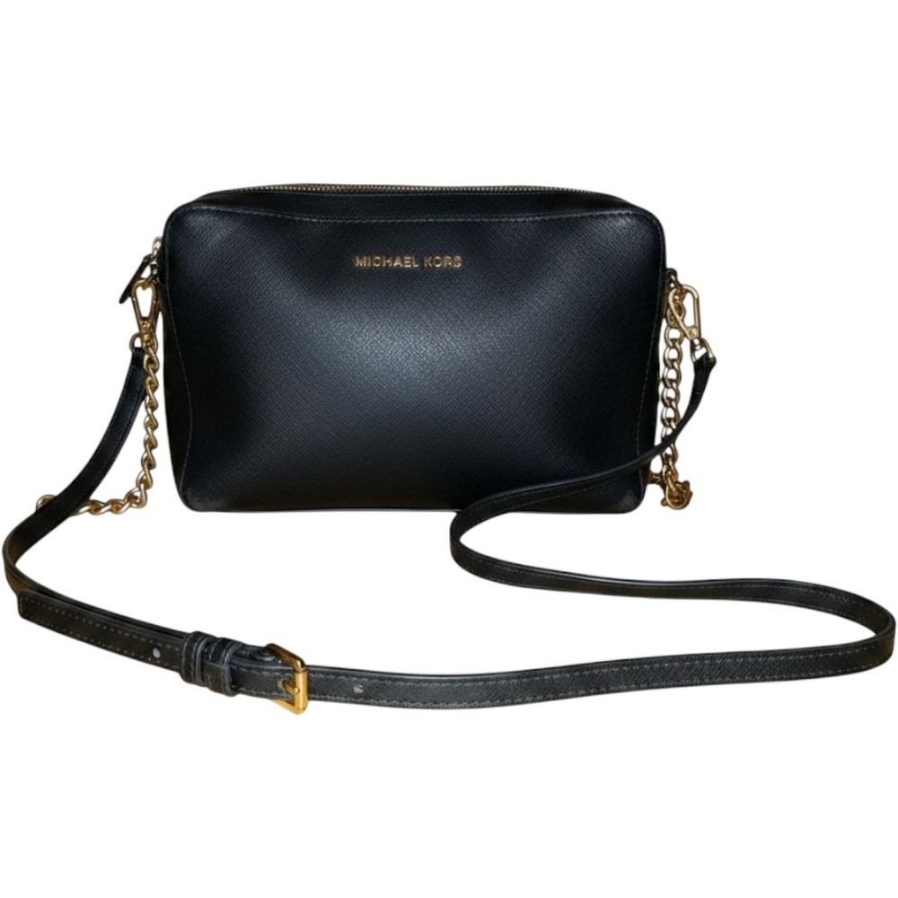 Michael Kors Jet Set Black Saffiano Leather Crossbody Bag Gold Chain Strap Purse